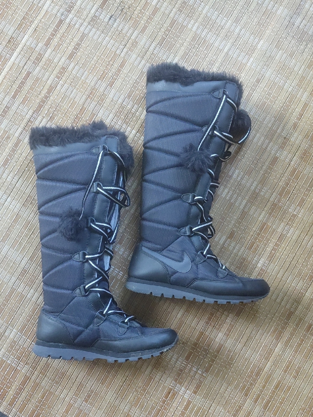 Nike Women's Black Lace-Up Tall Winter Boots with Faux Fur Trim